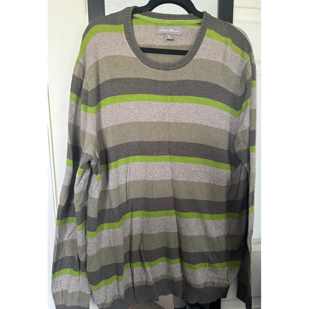 Eddie Bauer Men's‎ TXL Striped Crew Neck Sweater Knit Pullover Top Gray Green